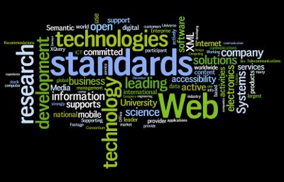 Palavras frequentes utilizadas nos depoimentos dos membros filiados ao W3C. Em ordem as principais são: Web, standards, technologies, research, development, leading, systems, science, open, information, company, XML, business