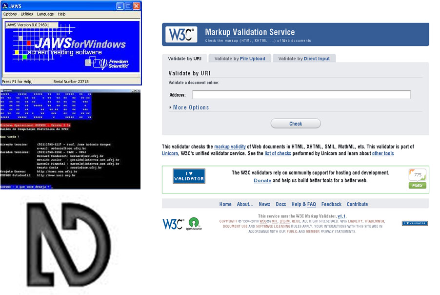Imagem com telas dos leitores de tela Jaws, NVDA, DosVox e o validador do W3C