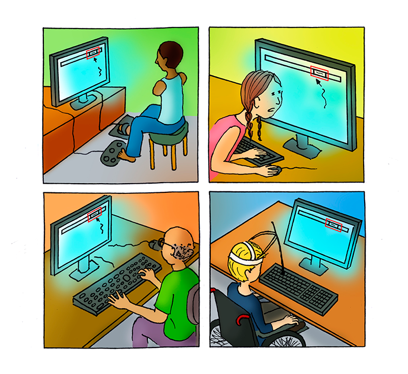 Sequência de quatro ilustrações. Na primeira um homem sem braços navega com os pés em um teclado e mouse adaptado. No segundo uma mulher de baixa visão está com o rosto bem próximo ao monitor. No terceiro um homem idoso está navegando em uma página Web e no último um rapaz em uma cadeira de roda e com uma ponteira na testa navega com o teclado. Em todos os quadrinhos é possível detectar onde o cursos está posicionado, marcado com um pequeno quadrado vermelho em cada tela.