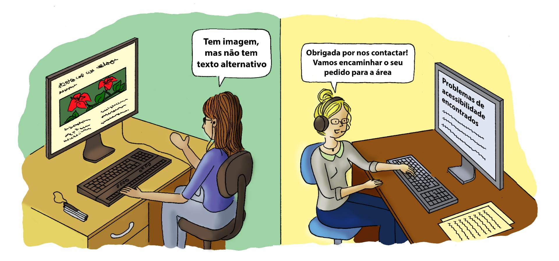 Dois quadros em ambientes diferentes: de um lado uma pessoa com deficiência visual e fones de ouvido reclamando da falta de texto alternativo em uma imagem, visivelmente chateada, dizendo Tem imagem, mas não tem texto alternativo. No outro quadro, uma pessoa com headset anota em seu computador o relato como problema de acessibilidade e responde Obrigado por nos contatar! vamos encaminhar o seu pedido para a área. Na tela do computador um texto com o título: problemas de acessibilidade encontrados.