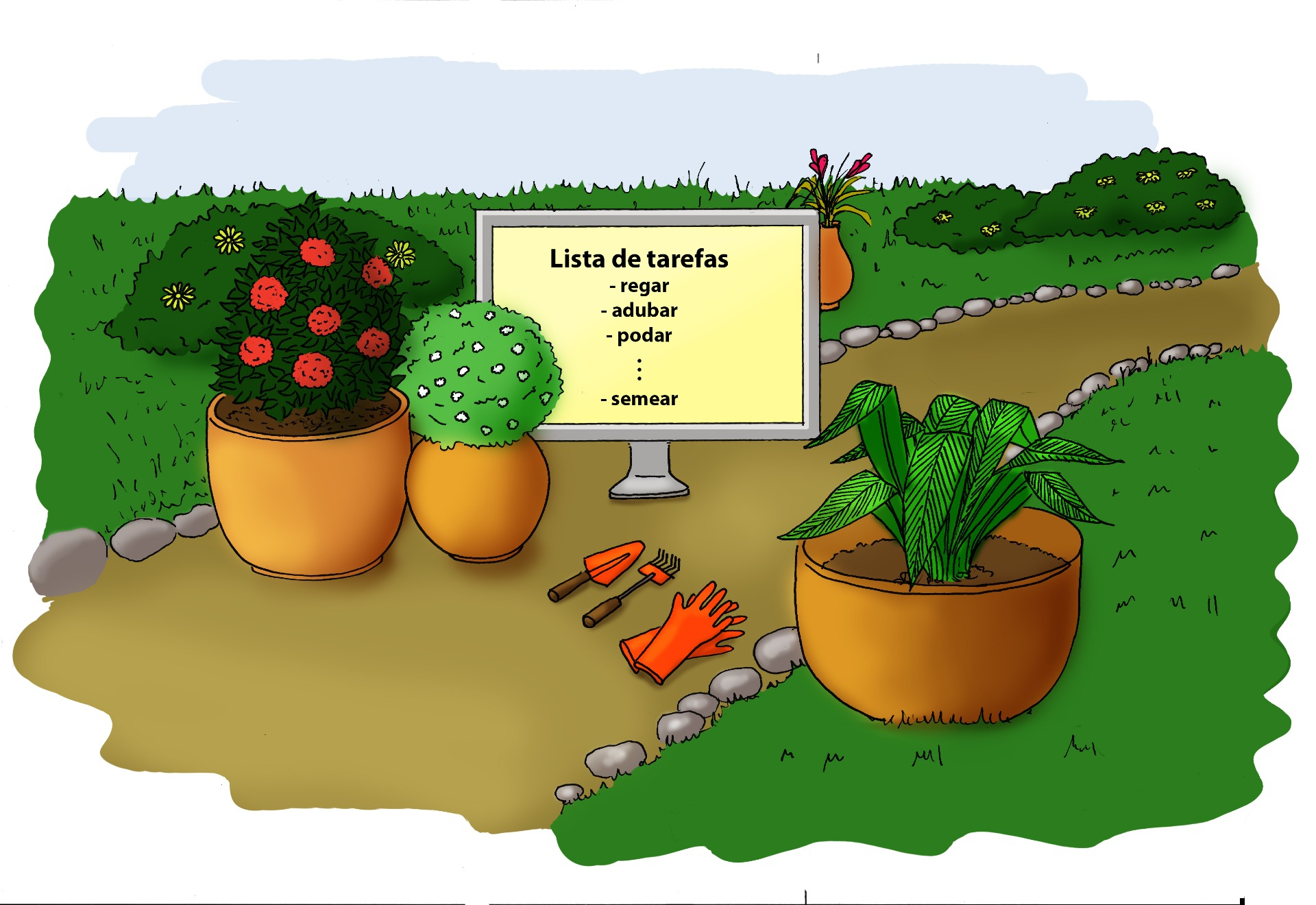 Um caminho de terra em meio a um jardim. Há dois vasos grandes com plantas com flores à esquerda e um vaso com uma planta de folhas largas à direita, ao centro do caminho luvas e ferramentas de jardinagem estão no chão, logo atrás das ferramentas, há um monitor de computador onde na tela pode ser lido uma lista de tarefas: REGAR, ADUBAR, PODAR... SEMEAR.