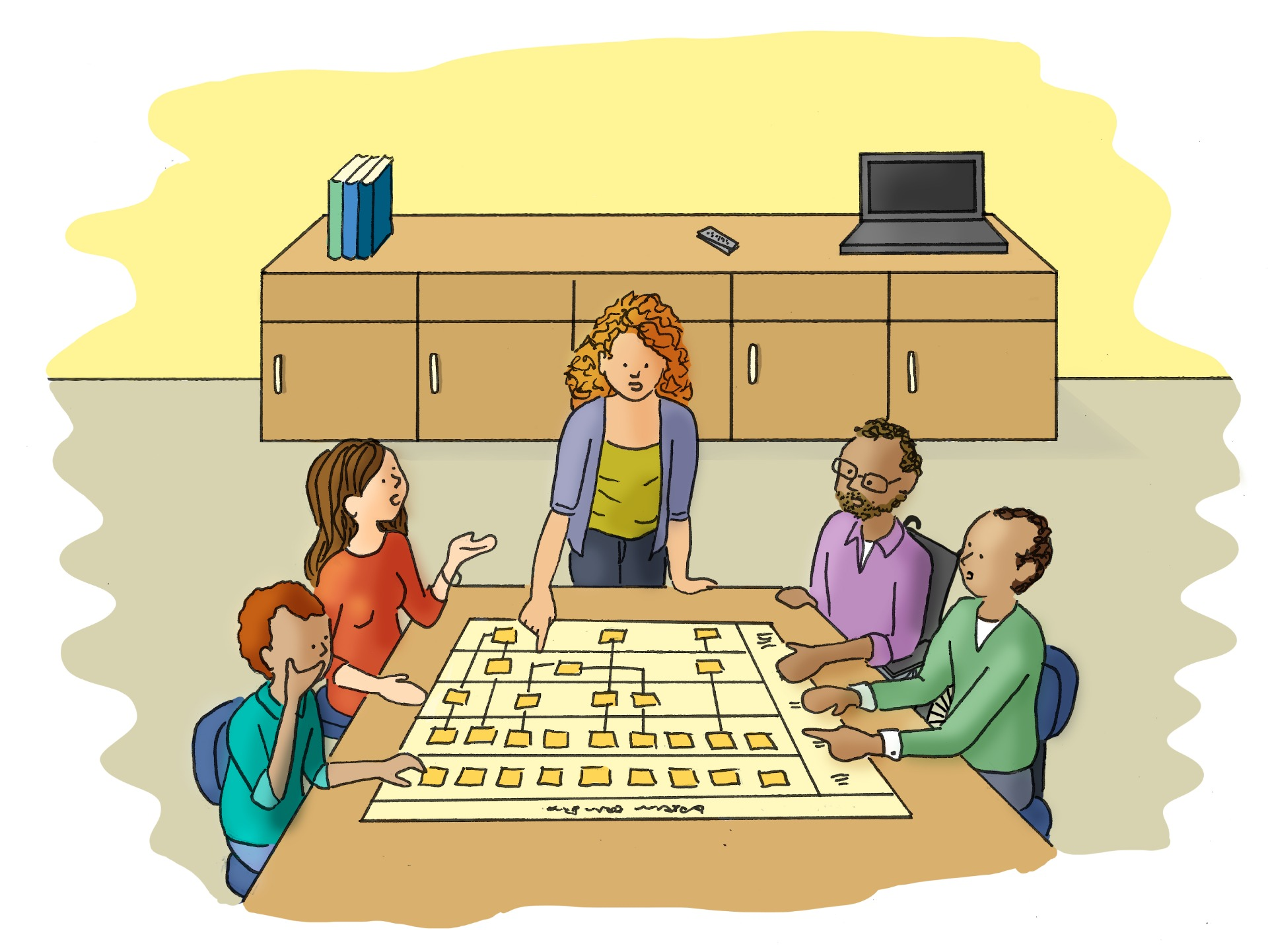 Uma ao redor de uma mesa de escritório retangular, uma pessoa em pé ao centro da mesa abre um enorme mapa de serviços, com caixas e linhas que se interligam enquanto outras quatro pessoas observam a explicação. 