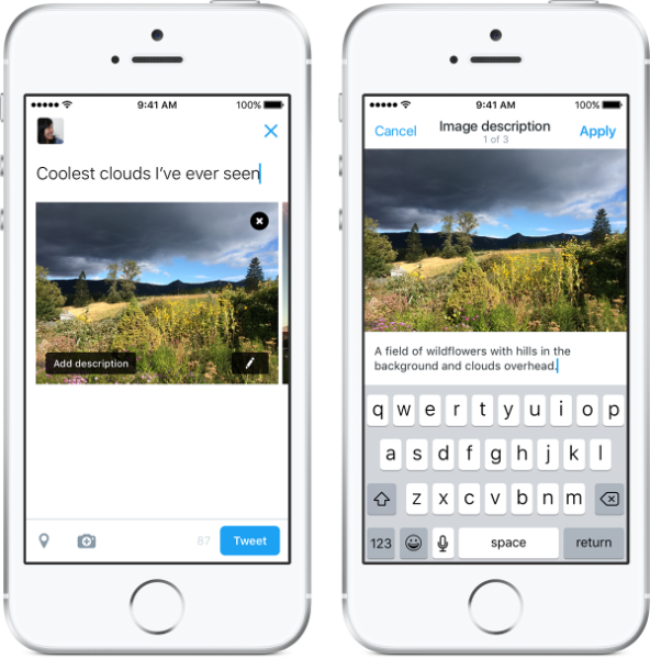 Duas capturas de tela da plataforma do Twitter para iOS. A primeira mostrando a nova sobreposição do botão de adicionar descrição em miniaturas na plataforma. A segunda mostra a composição do texto alternativo de uma imagem