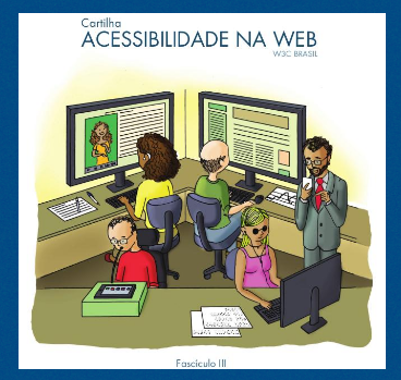 Capa da cartilha de acessibilidade contendo ilustração de um escritório com pessoas trabalhando